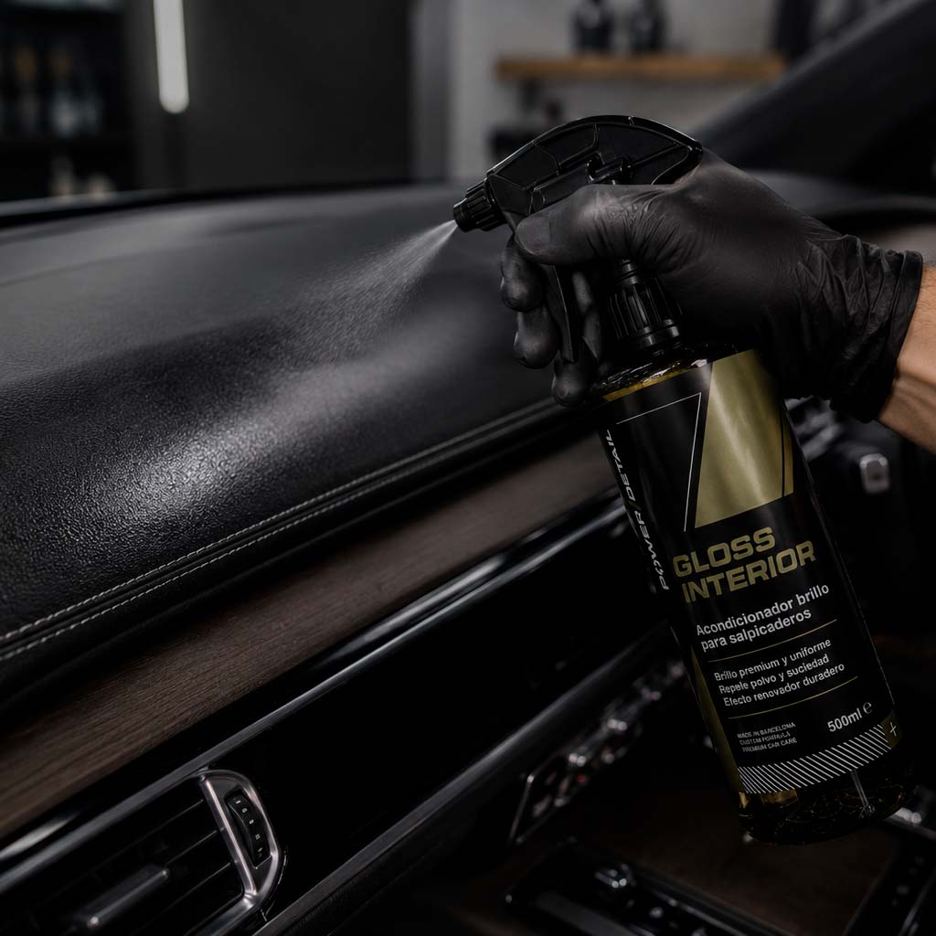 Aplicación de acondicionador Gloss Interior en el salpicadero de un coche