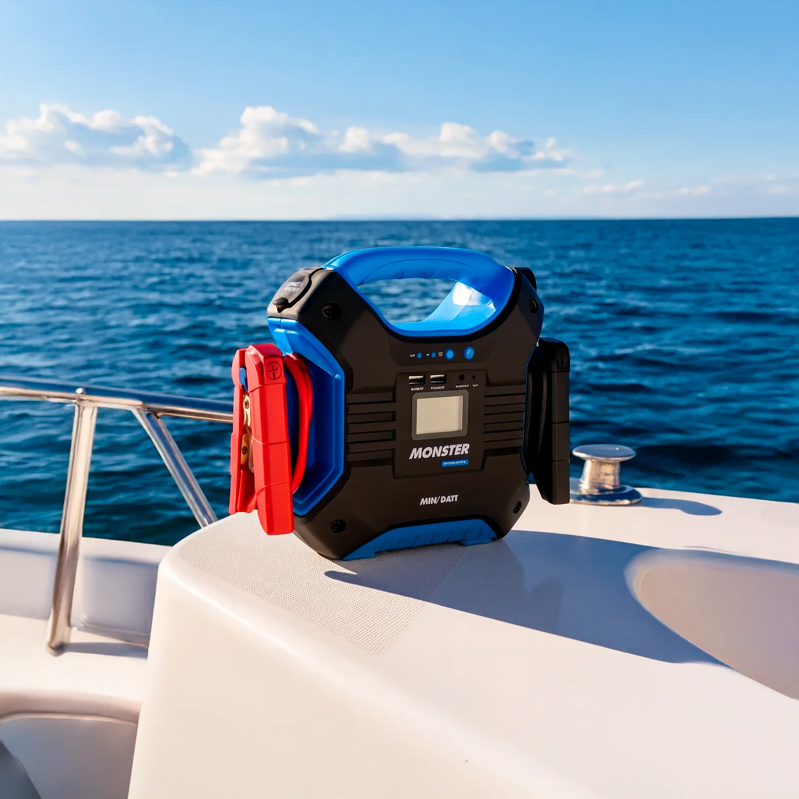 Arrancador de batería portátil MiniBatt Monster sobre una embarcación en el mar