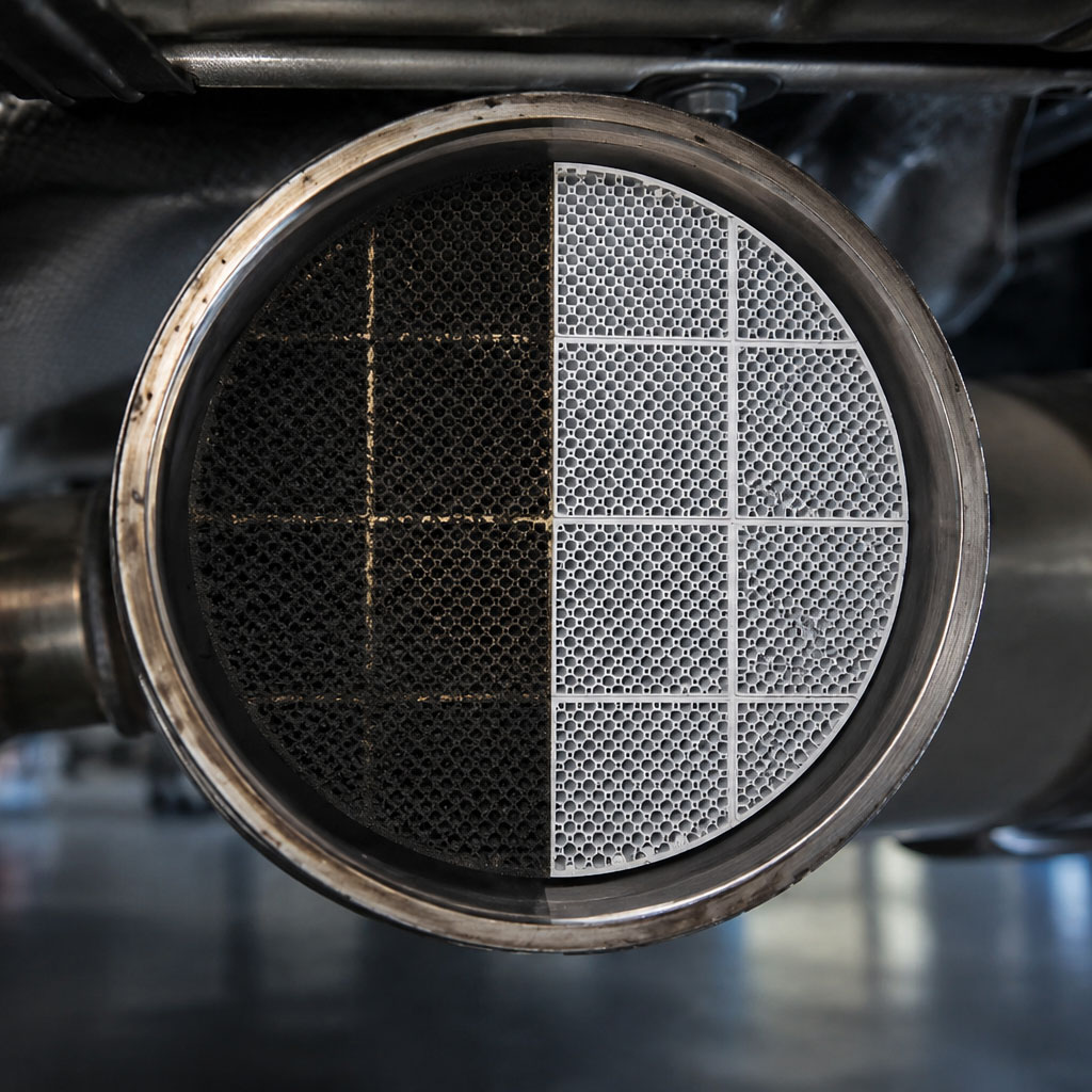 Comparativa de un filtro de partículas DPF obstruido y limpio tras el tratamiento con Activador DPF.