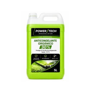 Garrafa de 5 litros de anticongelante orgánico 30% PowerTech para proteger el circuito de refrigeración del vehículo frente a bajas temperaturas y la corrosión.