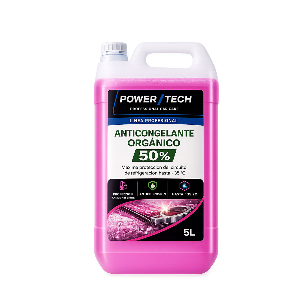 Anticongelante Orgánico 50% PowerTech 5 litros para proteger el circuito de refrigeración hasta -35 °C.