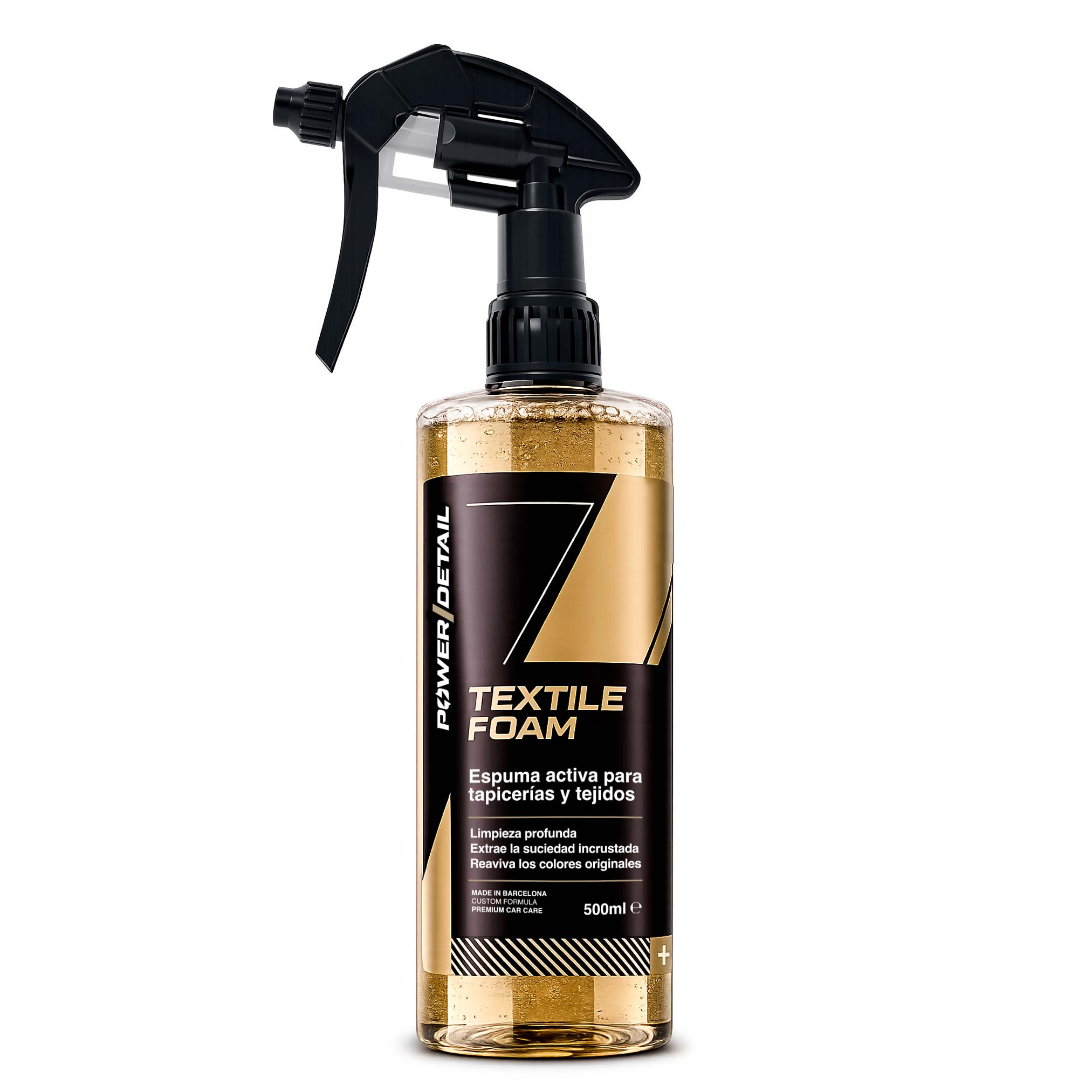 PowerDetail Textile Foam 500 ml con pulverizador para la limpieza de tapicerías y tejidos.