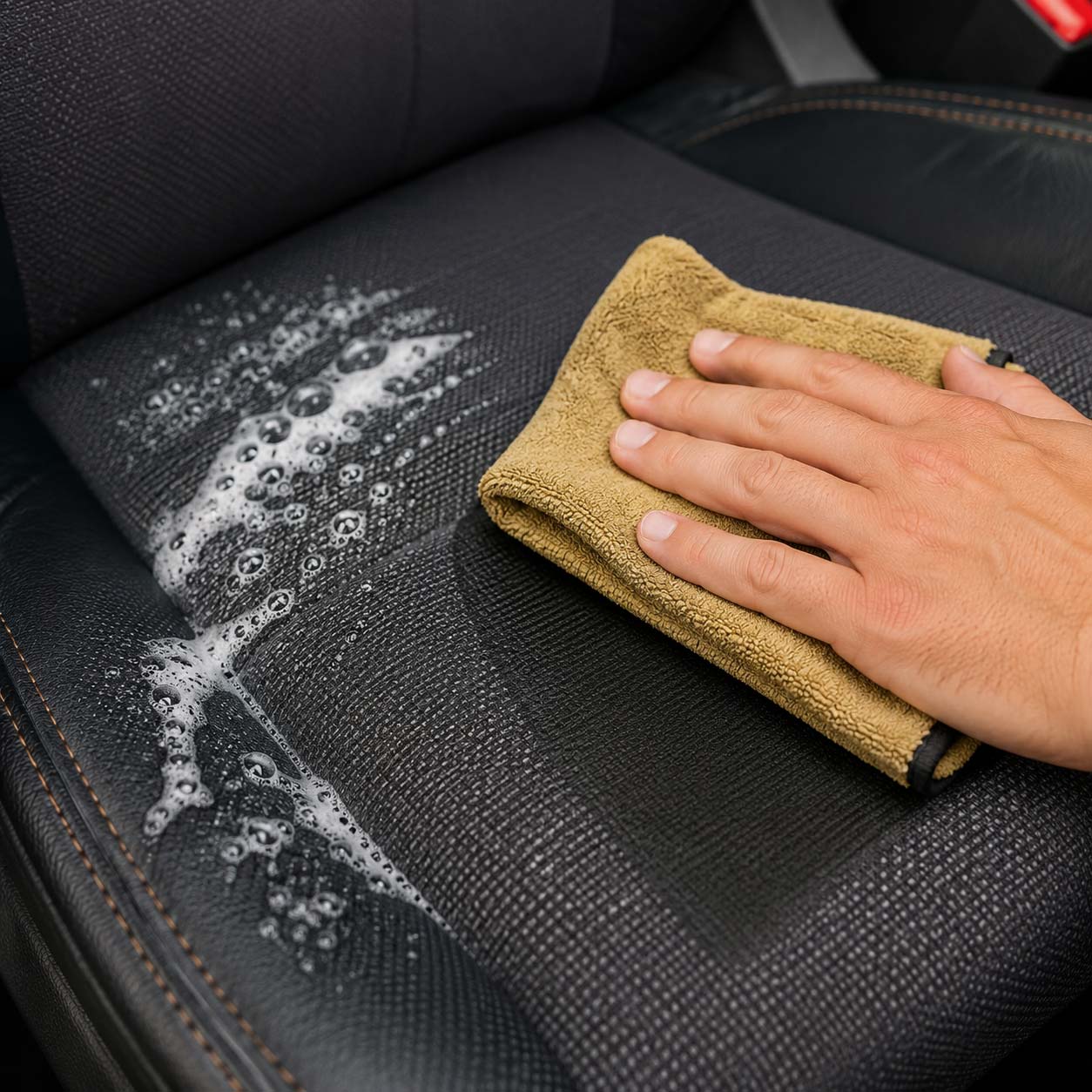 Limpieza de un asiento de tela con una bayeta de microfibra tras aplicar espuma activa Textile Foam.