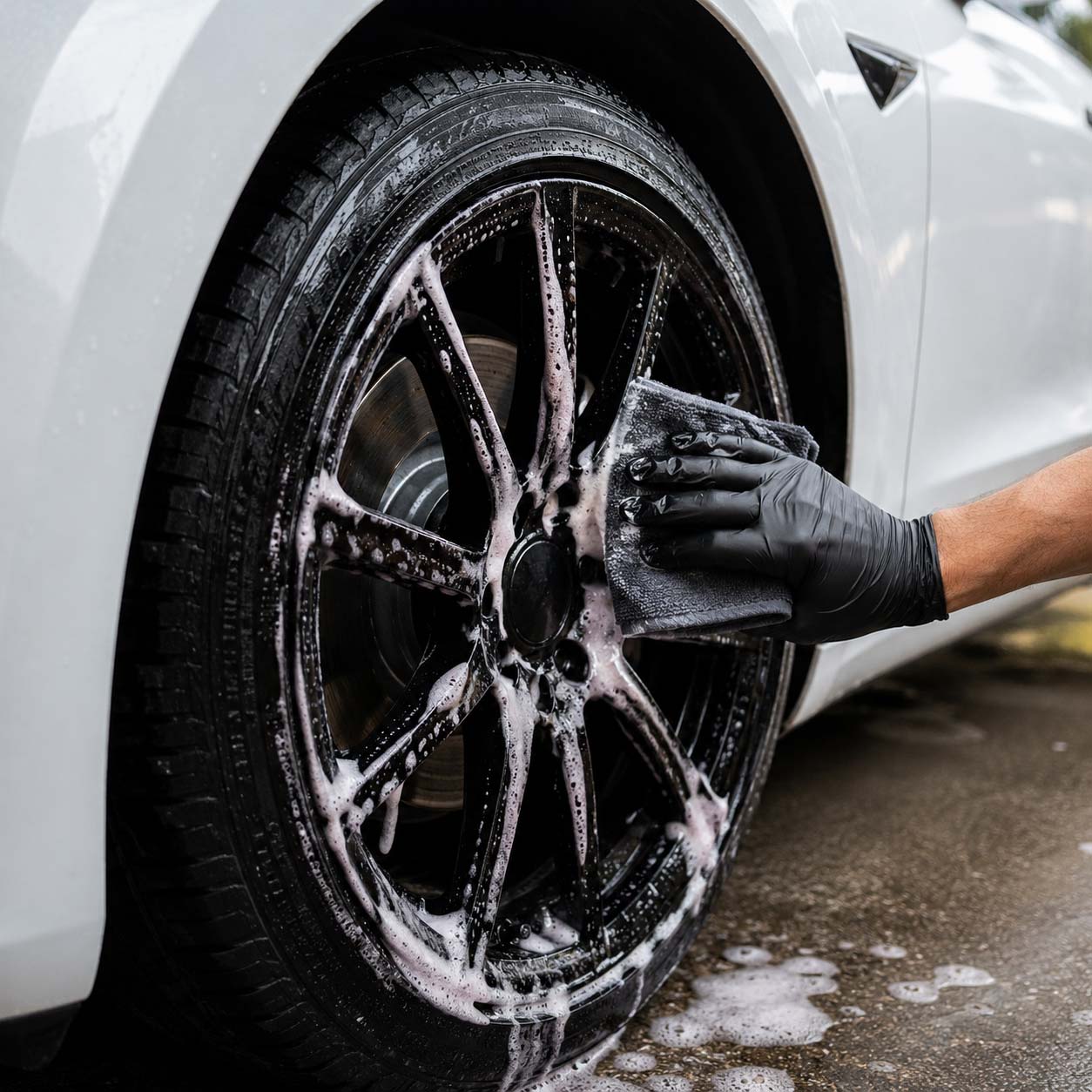 Limpieza de llantas de coche con Wheel Cleaner Pro y paño de microfibra, eliminando polvo de frenos y suciedad incrustada.