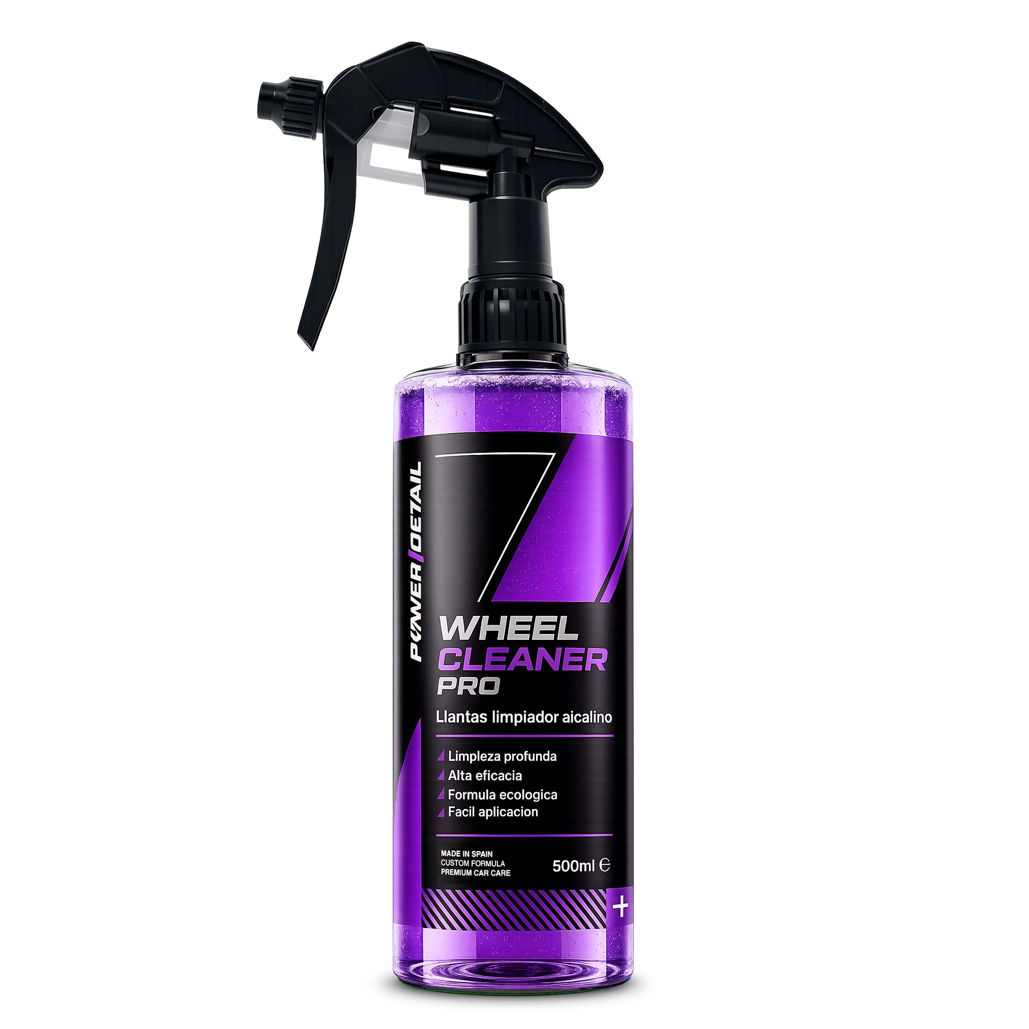 Botella con pulverizador PowerDetail Wheel Cleaner Pro 500 ml, limpiador de llantas profesional de alta eficacia para eliminar suciedad y polvo de frenos.