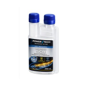 Imagen del PowerTech Aditivo SCR 250 ml, un tratamiento específico para sistemas SCR (Reducción Catalítica Selectiva) que evita la cristalización del AdBlue®, mantiene limpios el inyector y los conductos, y ayuda a prevenir averías provocadas por depósitos de urea. Compatible con vehículos diésel equipados con sistema SCR y AdBlue®.