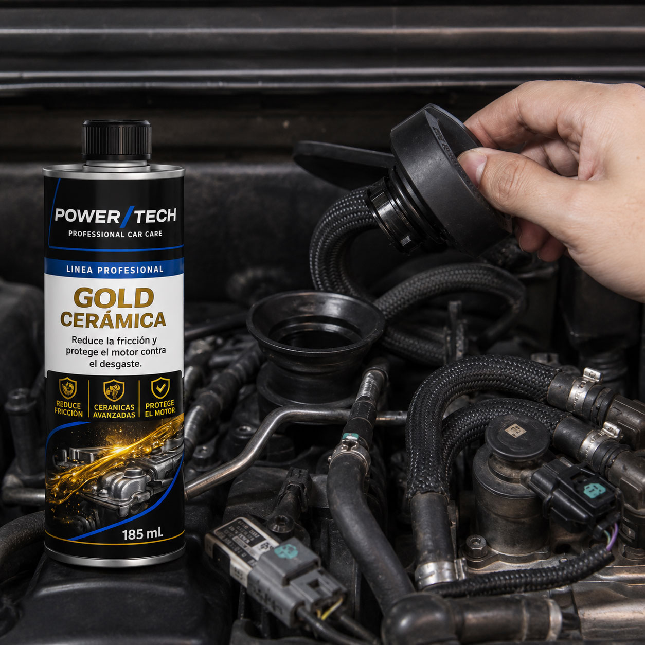 Aplicación del aditivo cerámico Gold Cerámica en el motor a través del tapón de llenado de aceite.