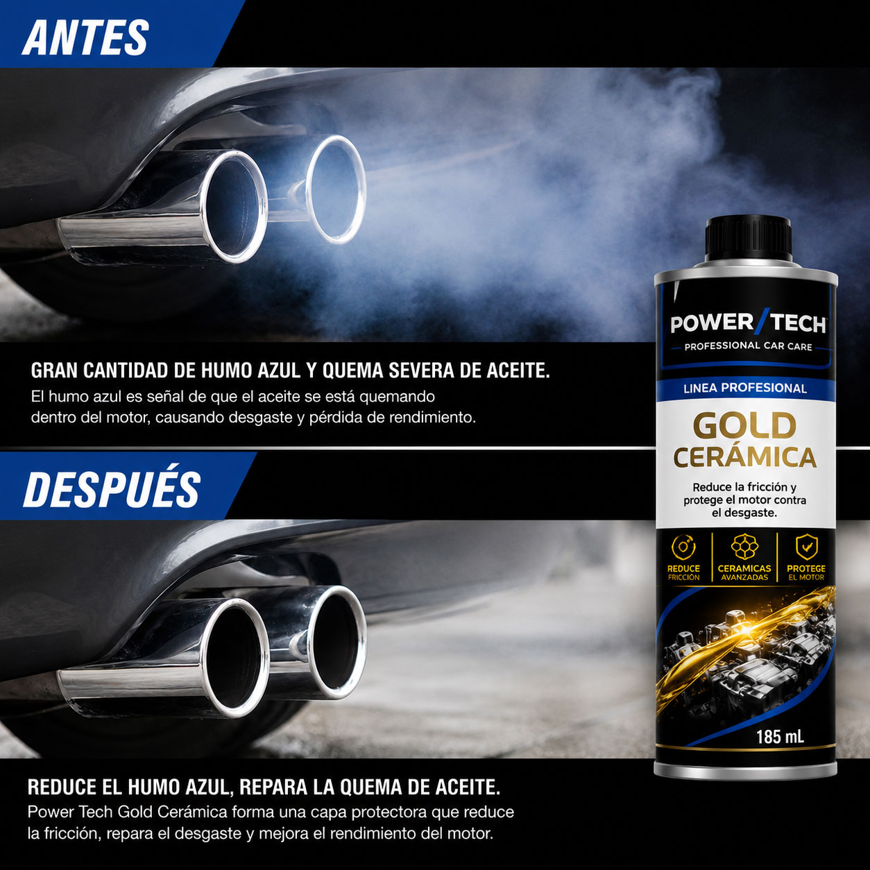 Comparativa antes y después del tratamiento Gold Cerámica mostrando la reducción del humo azul del escape.