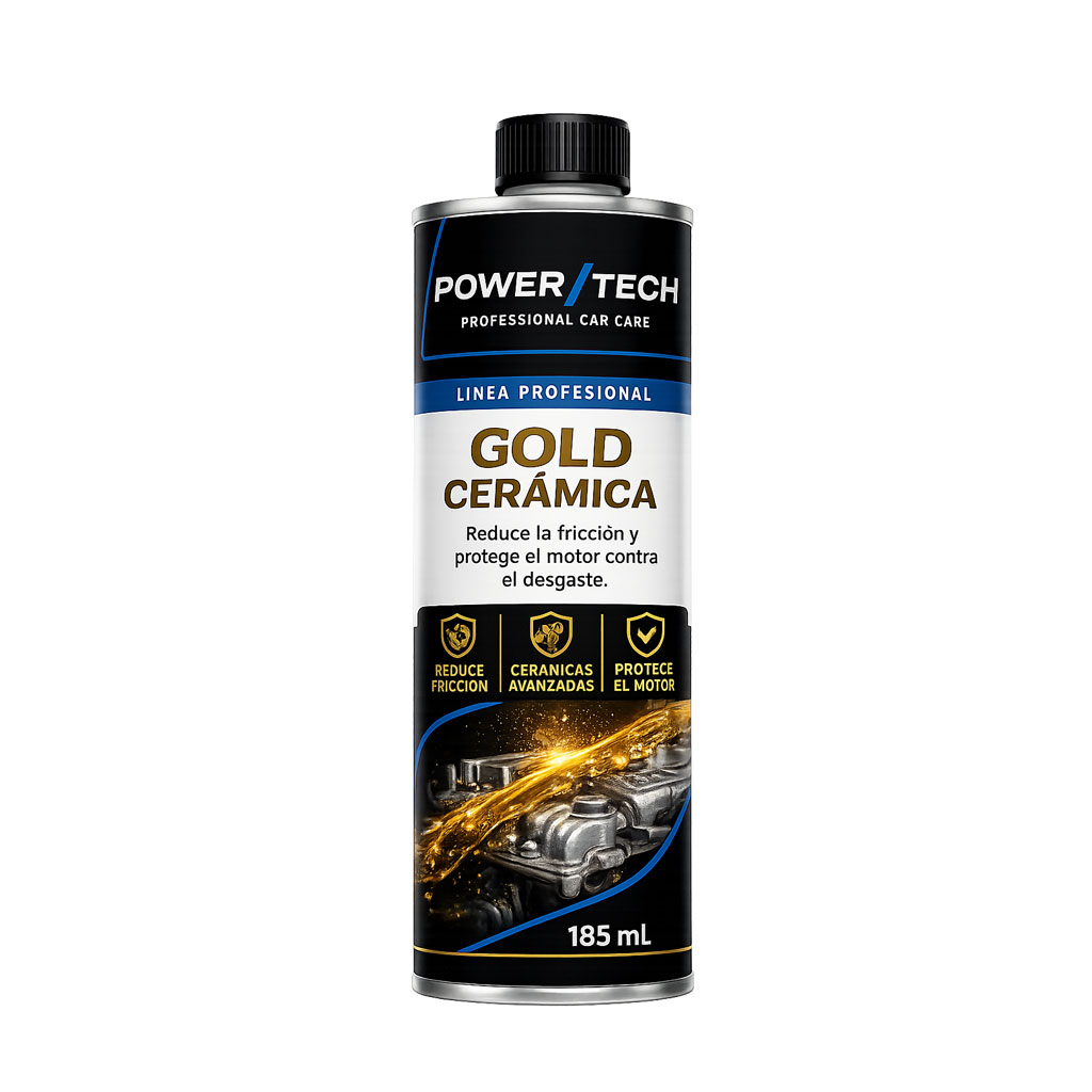 Aditivo PowerTech Gold Cerámica 185 ml con partículas cerámicas para reducir la fricción y proteger el motor contra el desgaste.