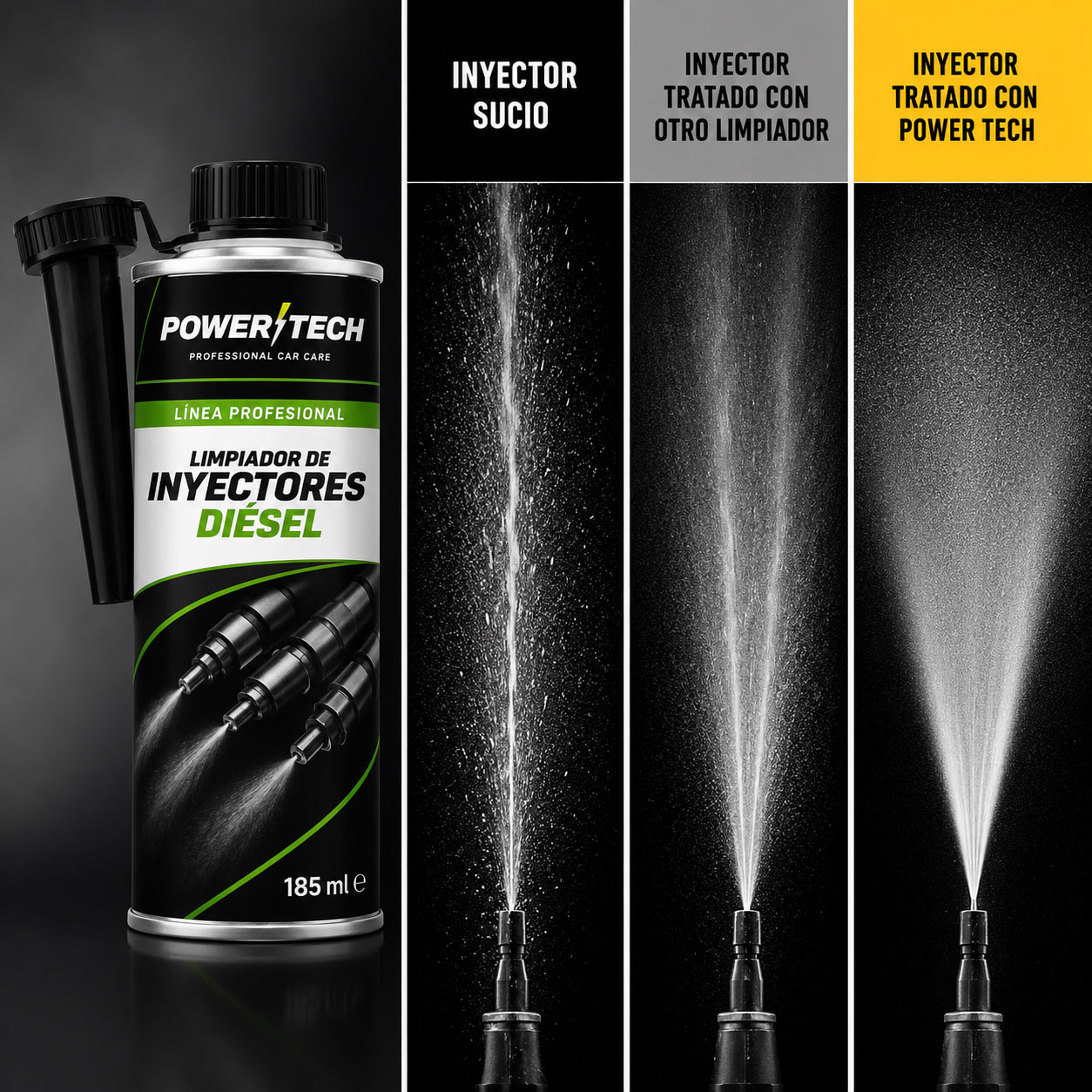 Comparativa del patrón de pulverización de un inyector sucio, un inyector tratado con un limpiador convencional y un inyector tratado con PowerTech.