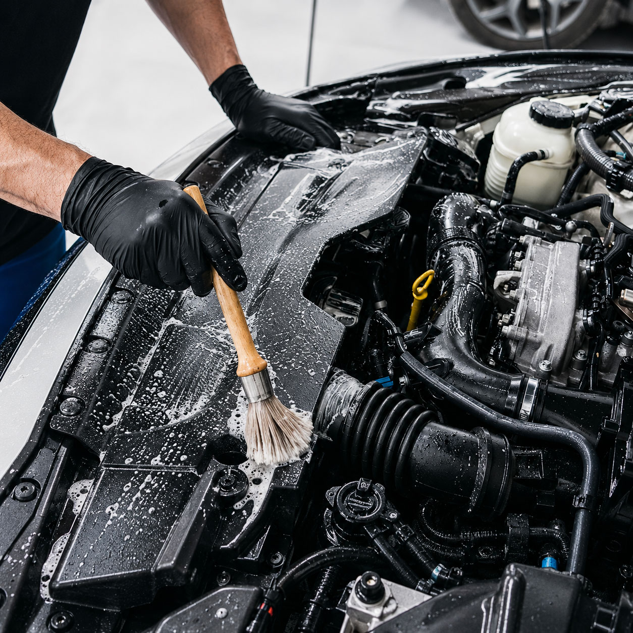Limpieza del compartimento del motor con brocha y desengrasante profesional para eliminar grasa y suciedad.