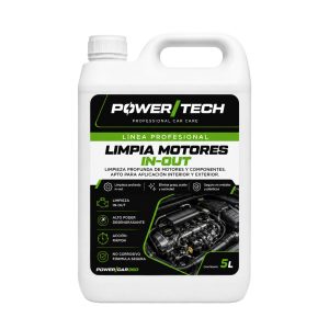 Garrafa de 5 litros PowerTech Limpia Motores IN-OUT, desengrasante profesional para la limpieza de motores y componentes.