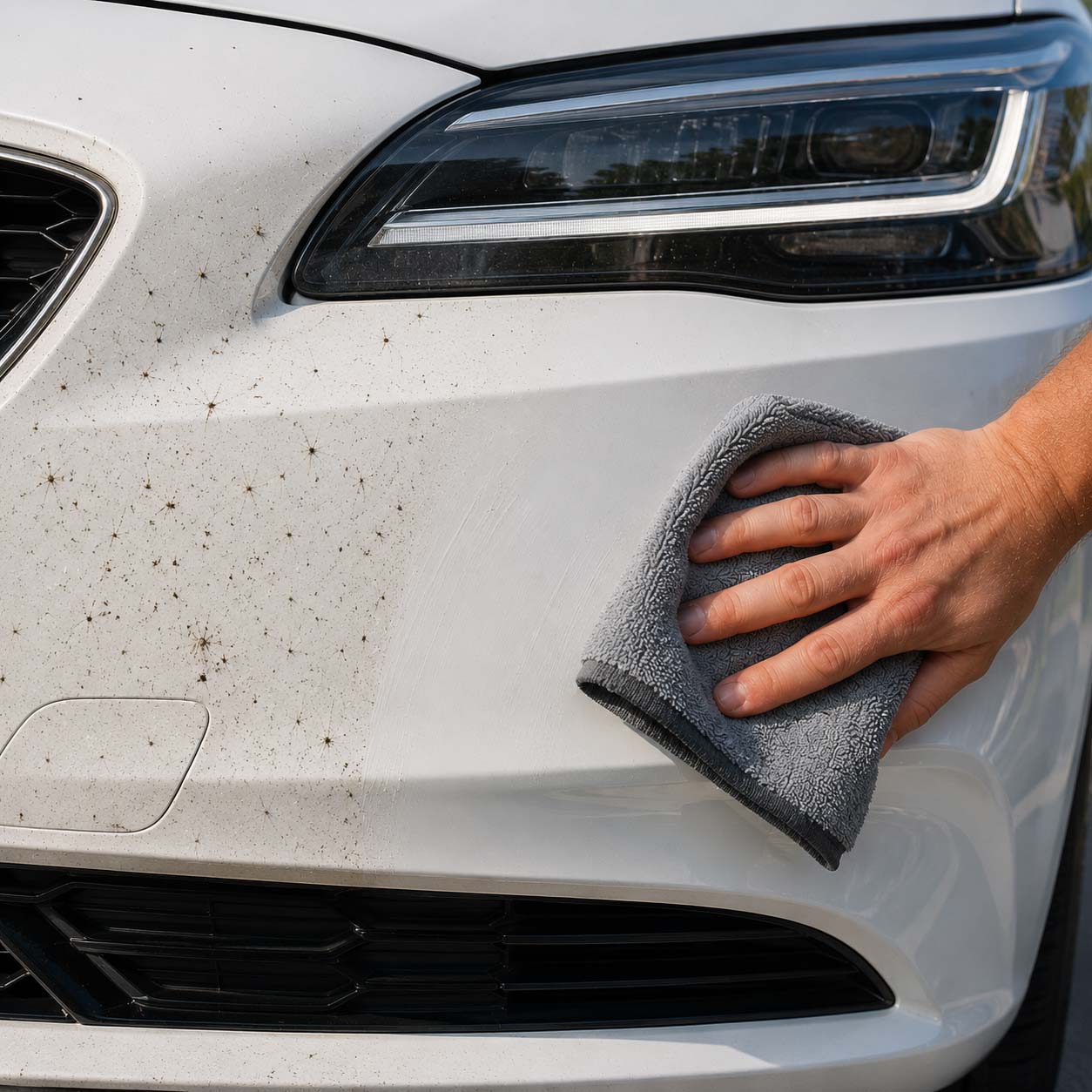 Limpieza de restos de mosquitos e insectos de la parte frontal de un coche utilizando una bayeta de microfibra.