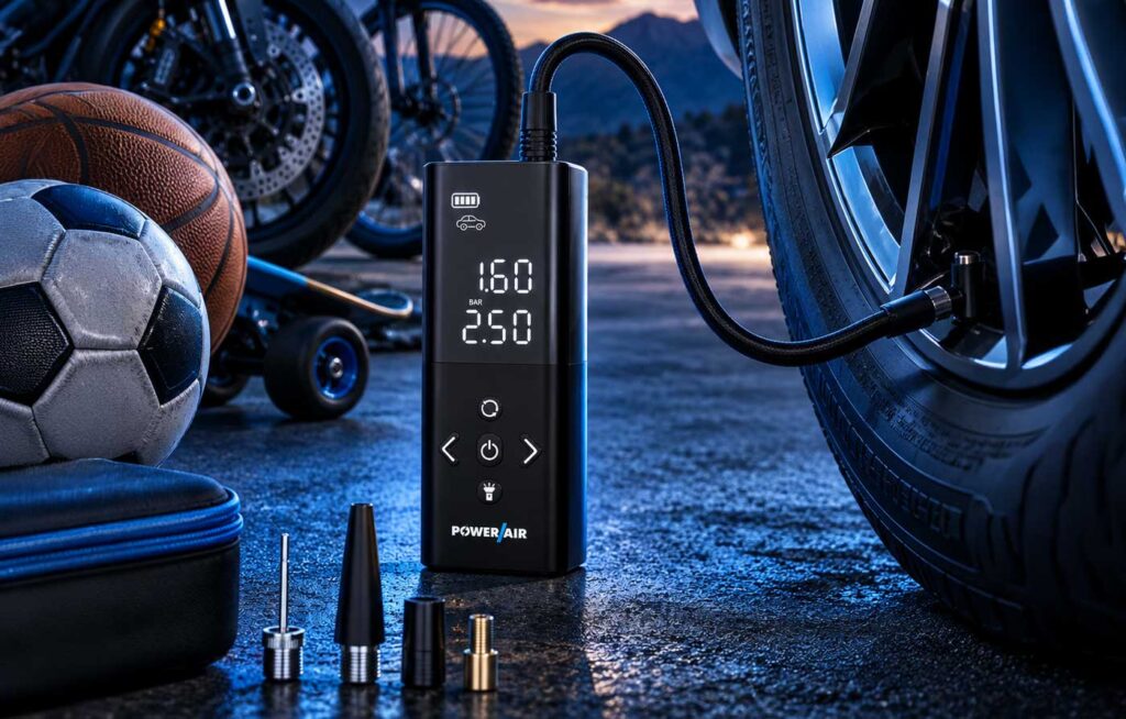 Inflador de ruedas portátil PowerAir para comprobar y corregir la presión del coche