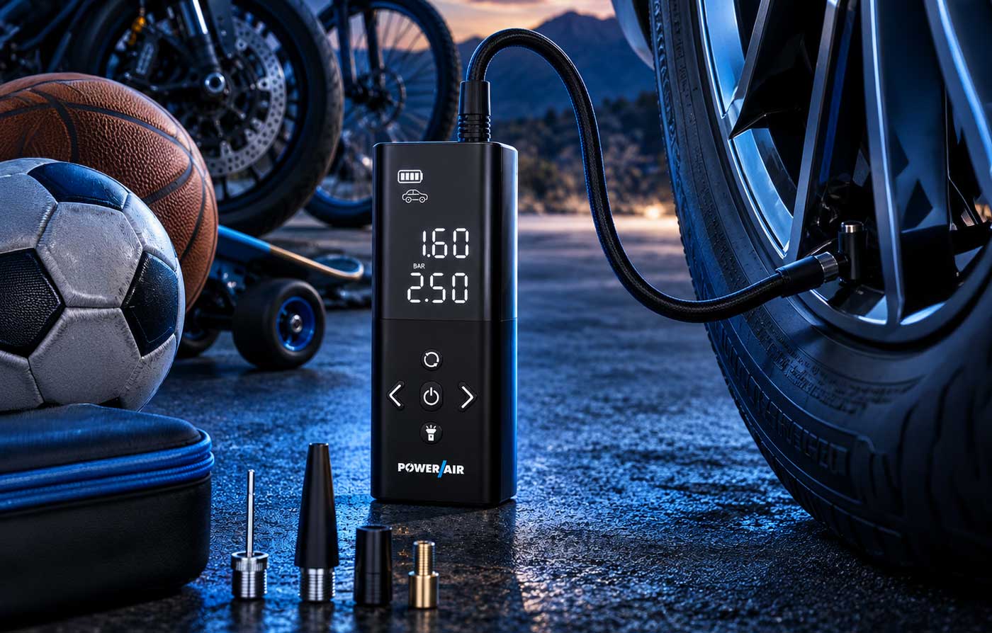 Inflador de ruedas portátil PowerAir para comprobar y corregir la presión del coche
