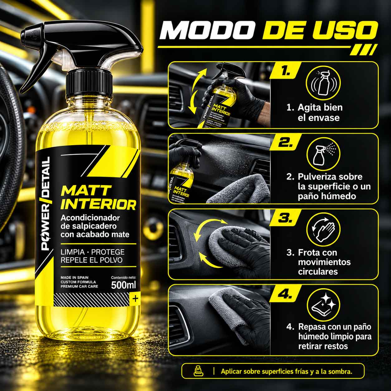 Instrucciones de aplicación de Matt Interior en el salpicadero del coche