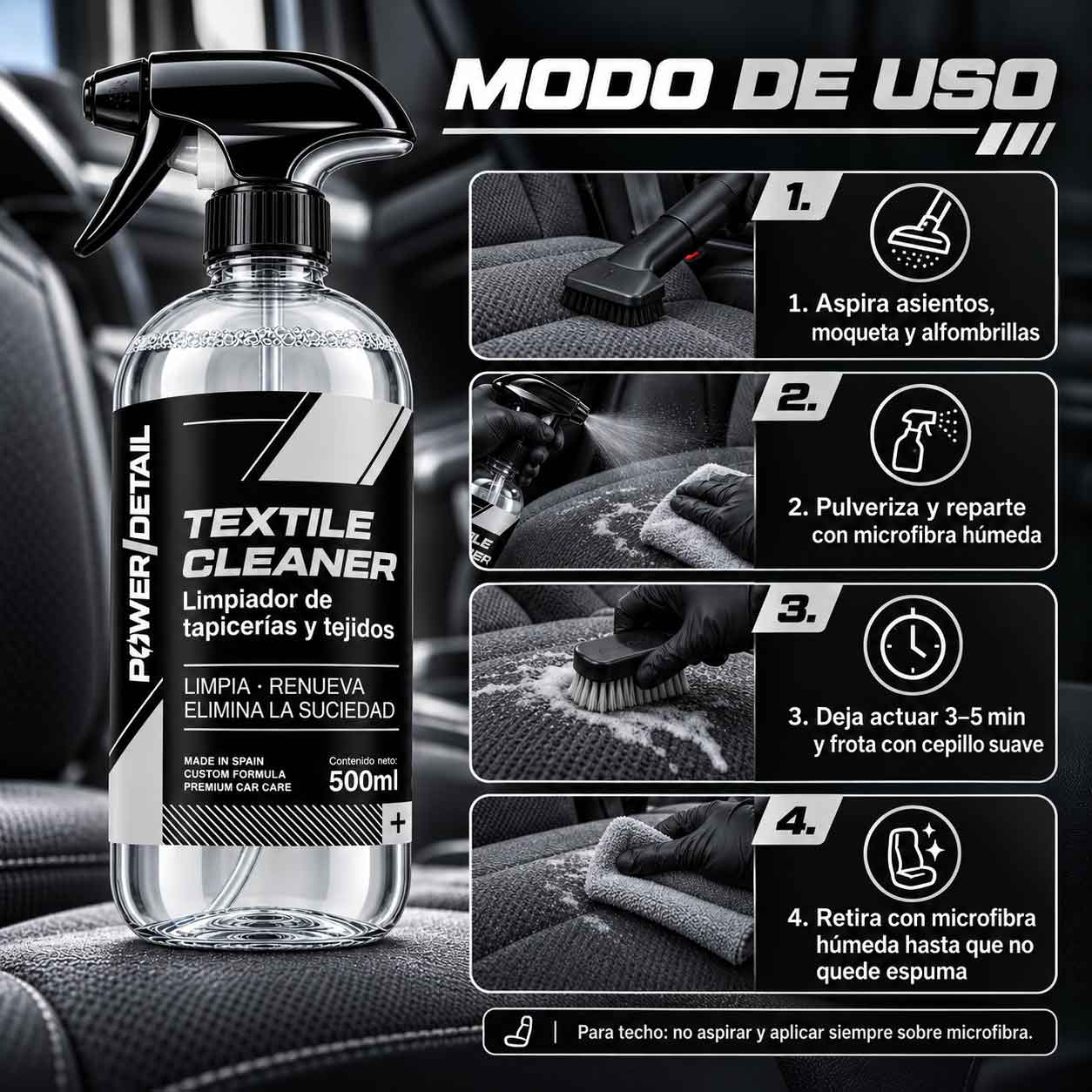 Guía de uso de Textile Cleaner para tapicerías de coche